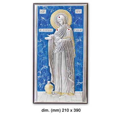 Virgin Mary Gerontissa With Bi-Laminated Silver Plaque, Golden And Blue Decoration And Wooden Icon 210x390 mm - Myros