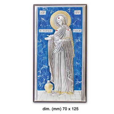 Virgin Mary Gerontissa With Bi-Laminated Silver Plaque, Golden And Blue Decoration And Wooden Icon 70x120 mm - Myros