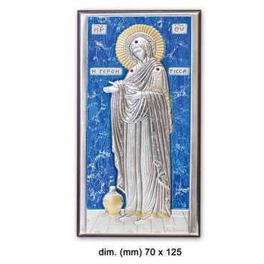 Myros - Virgin Mary Gerontissa With Bi-Laminated Silver Plaque, Golden And Blue Decoration And Wooden Icon 70x120 mm