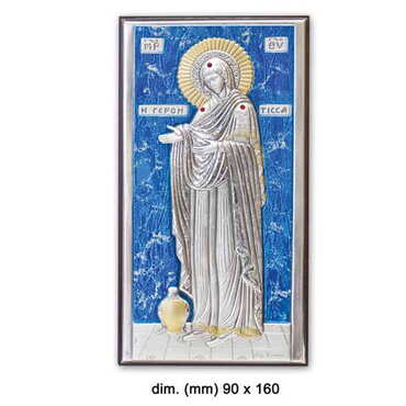 Myros - Virgin Mary Gerontissa With Bi-Laminated Silver Plaque, Golden And Blue Decoration And Wooden Icon 90x160 mm