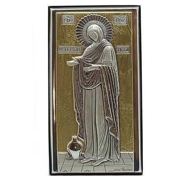 Myros - Virgin Mary Gerontissa With Bi-Laminated Silver Plaque, Golden Decoration And Wooden Icon 70x120 mm