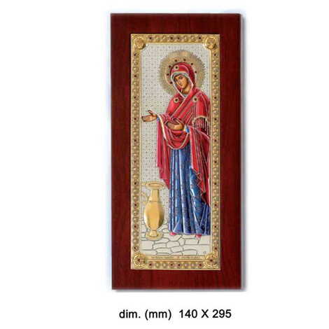 Virgin Mary Gerontissa With Bi-Laminated Silver Plaque, Wooden Back, Rest Leg & Golden + Colorfull Decoration Icon 140x295 mm