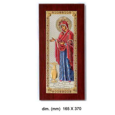 Virgin Mary Gerontissa With Bi-Laminated Silver Plaque, Wooden Back, Rest Leg & Golden + Colorfull Decoration Icon 165x370 mm