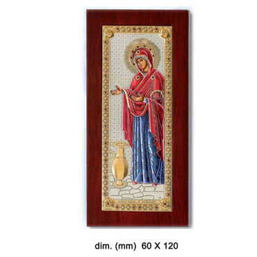 Myros - Virgin Mary Gerontissa With Bi-Laminated Silver Plaque, Wooden Back, Rest Leg & Golden + Colorfull Decoration Icon 60x120 mm