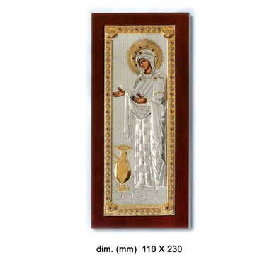 Virgin Mary Gerontissa With Bi-Laminated Silver Plaque, Wooden Back, Rest Leg & Golden Decoration Icon 110x230 mm - Myros
