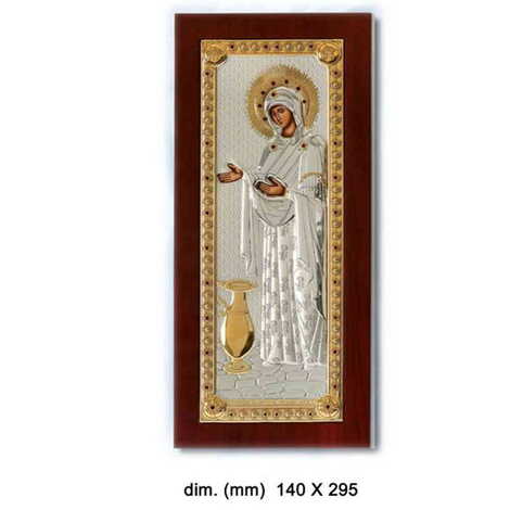 Virgin Mary Gerontissa With Bi-Laminated Silver Plaque, Wooden Back, Rest Leg & Golden Decoration Icon 140x295 cm