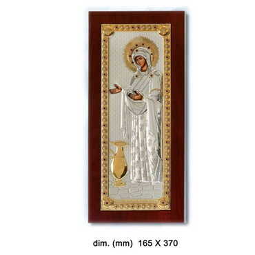 Myros - Virgin Mary Gerontissa With Bi-Laminated Silver Plaque, Wooden Back, Rest Leg & Golden Decoration Icon 165x370 mm