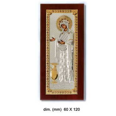 Myros - Virgin Mary Gerontissa With Bi-Laminated Silver Plaque, Wooden Back, Rest Leg & Golden Decoration Icon 60x120 mm