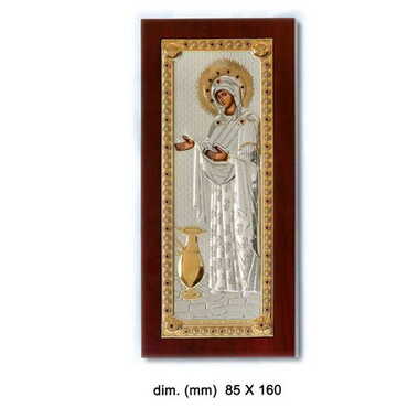 Myros - Virgin Mary Gerontissa With Bi-Laminated Silver Plaque, Wooden Back, Rest Leg & Golden Decoration Icon 85x160 mm