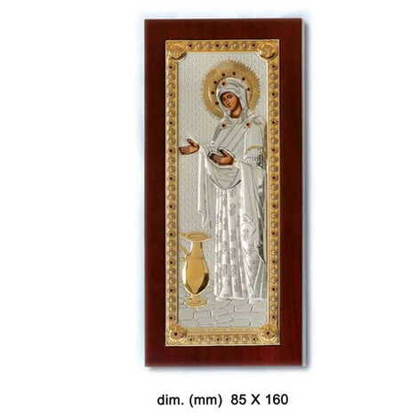 Virgin Mary Gerontissa With Bi-Laminated Silver Plaque, Wooden Back, Rest Leg & Golden Decoration Icon 85x160 mm