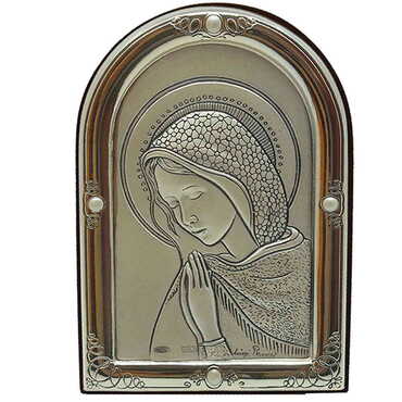 Myros - Virgin Mary Icon With Bi-Laminated Silver Plaque And Wooden Icon 68x80mm