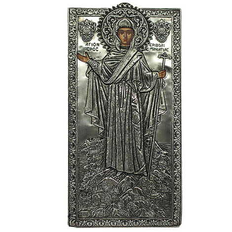 Virgin Mary Mount Athos Icon Handmade With Silver 950, Wooden Icon 135x275 mm