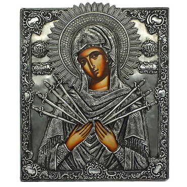 Myros - Virgin Mary Of Seven Swords Icon Handmade With Silver 950, Wooden Icon 215x265 mm