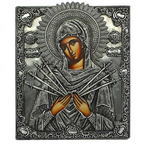 Virgin Mary Of Seven Swords Icon Handmade With Silver 950, Wooden Icon 215x265 mm