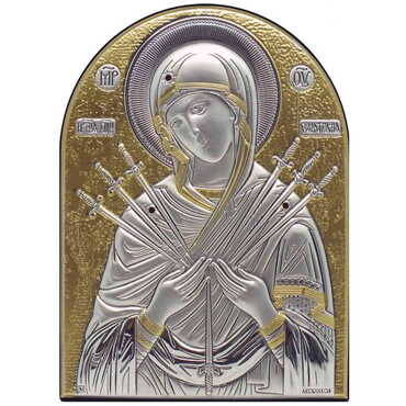 Myros - Virgin Mary Of Seven Swords Silver Laminated Golden Decoration With Swarowski Stone Icon 110x80 Mm