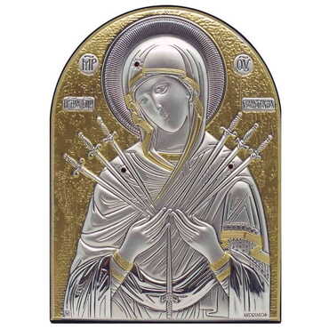 Myros - Virgin Mary Of Seven Swords Silver Laminated Golden Decoration With Swarowski Stone Icon 45x35 Mm