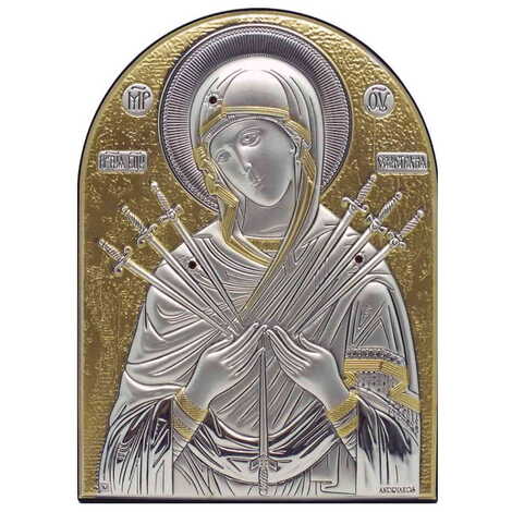 Virgin Mary Of Seven Swords Silver Laminated Golden Decoration With Swarowski Stone Icon 45x35 Mm