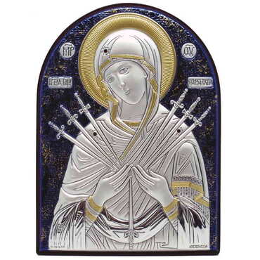 Myros - Virgin Mary Of Seves Swords Silver Laminated Blue Hand And Golden Decoration With Swarowski Stone Icon 110x80 Mm