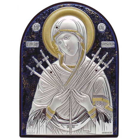 Virgin Mary Of Seves Swords Silver Laminated Blue Hand And Golden Decoration With Swarowski Stone Icon 110x80 Mm - 1