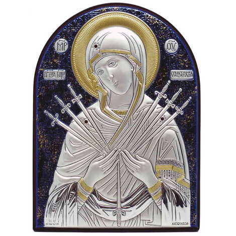 Virgin Mary Of Seves Swords Silver Laminated Blue Hand And Golden Decoration With Swarowski Stone Icon 110x80 Mm