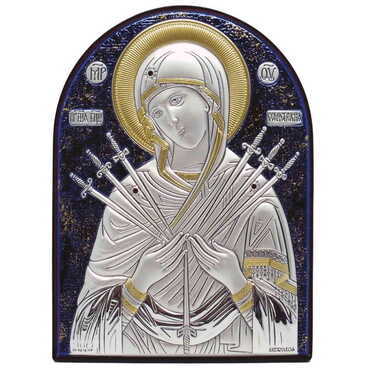 Myros - Virgin Mary Of Seves Swords Silver Laminated Blue Hand And Golden Decoration With Swarowski Stone Icon 85x65 Mm