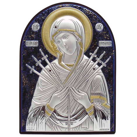 Virgin Mary Of Seves Swords Silver Laminated Blue Hand And Golden Decoration With Swarowski Stone Icon 85x65 Mm - 1