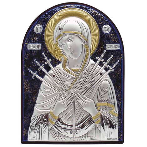 Virgin Mary Of Seves Swords Silver Laminated Blue Hand And Golden Decoration With Swarowski Stone Icon 85x65 Mm