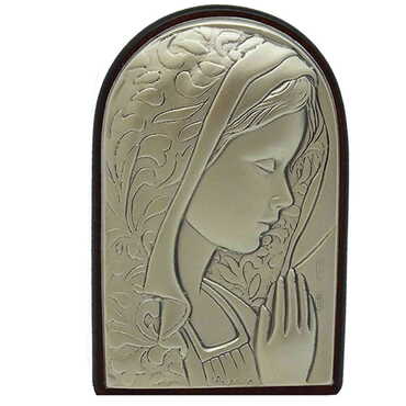 Myros - Virgin Mary Prayer Icon With Bi-Laminated Silver Plaque And Wooden Icon 40x60 mm