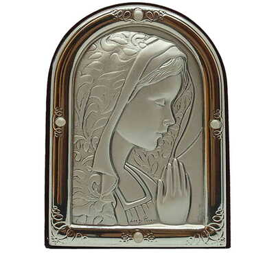 Myros - Virgin Mary Prayer Icon With Bi-Laminated Silver Plaque And Wooden Icon 69x80 mm