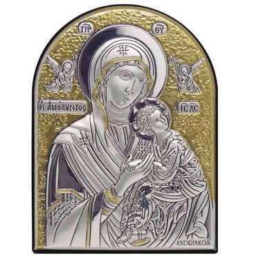 Myros - Virgin Mary With Angels Silver Laminated Golden Decoration With Swarowski Stone Icon 110x80 Mm