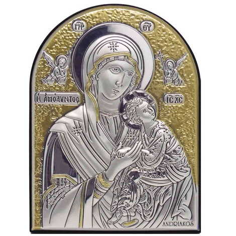 Virgin Mary With Angels Silver Laminated Golden Decoration With Swarowski Stone Icon 110x80 Mm