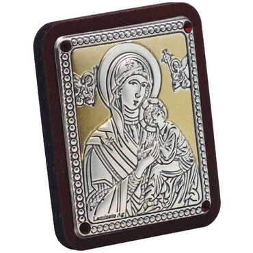 Virgin Mary With Angels Silver Laminated Golden Decoration With Swarowski Stone Icon 45x35 Mm - Thumbnail