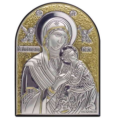 Virgin Mary With Angle Silver Laminated Golden Decoration With Swarowski Stone Icon 85x65 Mm - 1