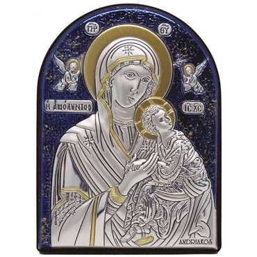 Virgin Mary With Angles Silver Laminated Blue Hand And Golden Decoration With Swarowski Stone Icon 110x80 Mm - Myros