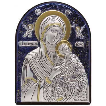 Myros - Virgin Mary With Angles Silver Laminated Blue Hand And Golden Decoration With Swarowski Stone Icon 110x80 Mm