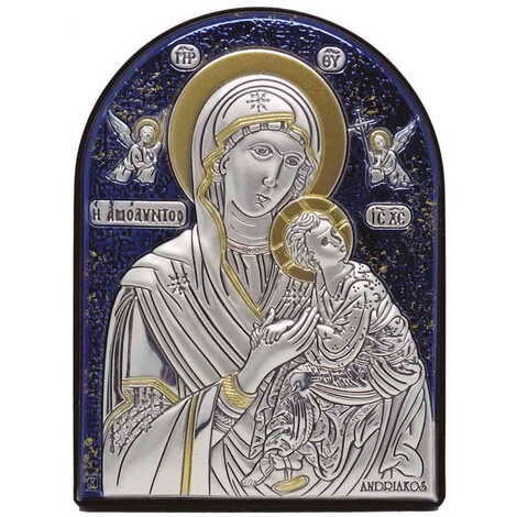 Virgin Mary With Angles Silver Laminated Blue Hand And Golden Decoration With Swarowski Stone Icon 110x80 Mm