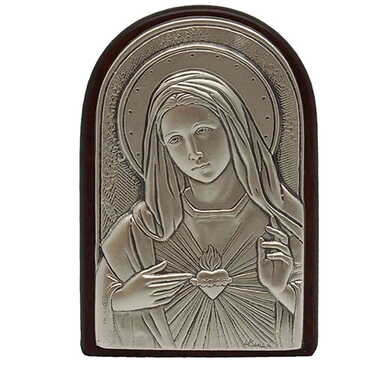 Virgin Mary With Bi-Laminated Silver Plaque, Golden Decoration And Wooden Icon 40x60 mm - Myros