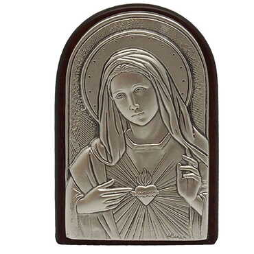 Myros - Virgin Mary With Bi-Laminated Silver Plaque, Golden Decoration And Wooden Icon 40x60 mm