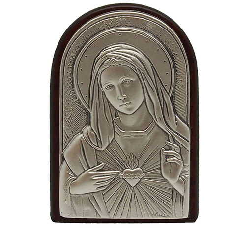 Virgin Mary With Bi-Laminated Silver Plaque, Golden Decoration And Wooden Icon 40x60 mm