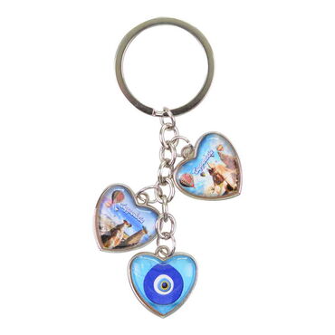 Wholesale Cappadocia Themed Myros Metal Triple Heart Keychain 40x85 mm - Myros