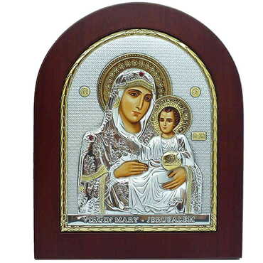 Wooden Base Silver Μary Of Jerusalem Serigraphy Gold Icon 156X190 mm - Myros