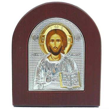 Myros - Wooden Base Silver Jesus Serigraphy Gold Icon 85X100 mm