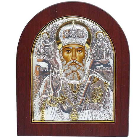 Wooden Base Silver St. Nikolaos Serigraphy Gold Icon 110X130