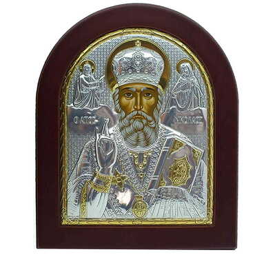 Myros - Wooden Base Silver St. Nikolaos Serigraphy Gold Icon 156X190 mm