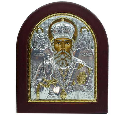 Wooden Base Silver St. Nikolaos Serigraphy Gold Icon 156X190 mm