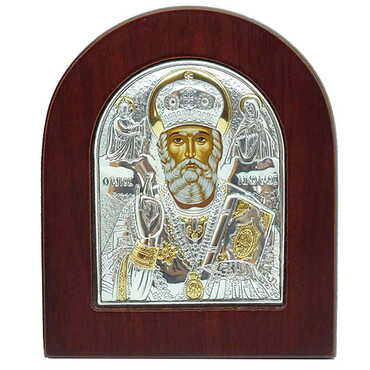 Myros - Wooden Base Silver St. Nikolaos Serigraphy Gold Icon 85X100 mm