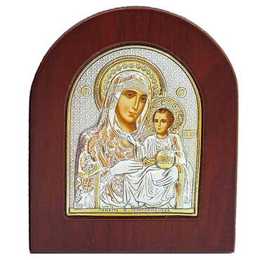 Myros - Wooden Base Silver Virgin Mary Of Jerusalem Fase Opened Gold Icon 85X100