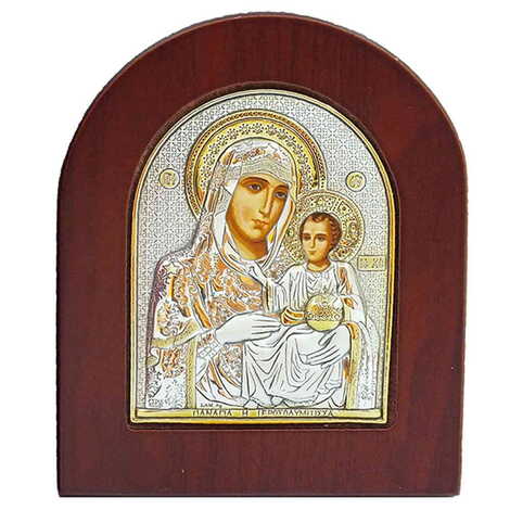 Wooden Base Silver Virgin Mary Of Jerusalem Fase Opened Gold Icon 85X100