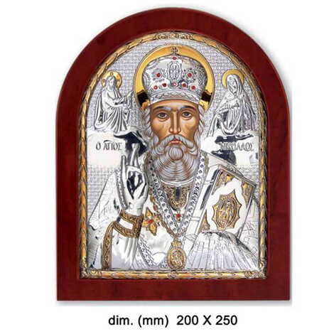 Wooden Base Silver Virgin Mary Of Mountain Athos Serigraphy Gold Icon 225X390 mm