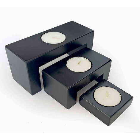 Wooden Triple Stair Black Candle Holder Set of 3 pcs